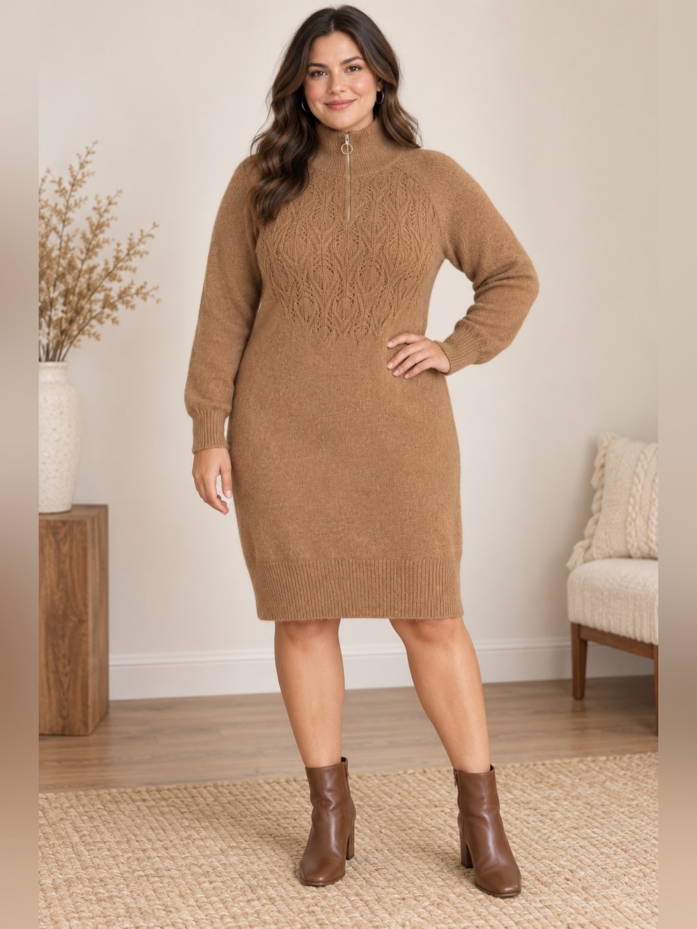 As U Wish Taupe Cable-Knit Midi Sweater Dress with Zip Mock Neck